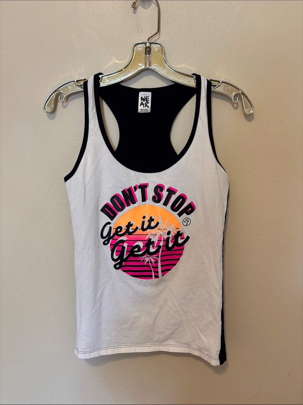 Zumba Fitness White Racerback Tank with Pink & Orange Graphic